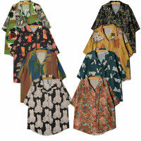 原創港風夏季復古文藝小清新巴洛克短袖寬鬆中長版花襯衫印花圖案