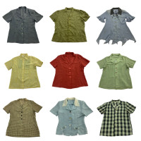 古著vintage日系復古文藝條紋格子刺繡襯衫BF女裝純色襯衫短袖D94