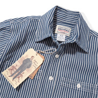 Emomo男女款中性重磅阿美咔嘰復古風vintage豎條紋工裝長袖襯衫