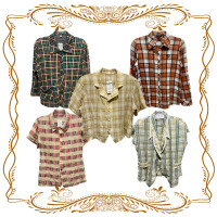 vintage古著夏季襯衫SO溫柔風初戀條紋菱形法式復古絕美格子上衣