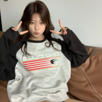 國潮美式復古小眾拼色插肩袖寬鬆圓領情侶厚T恤女秋冬oversize上衣