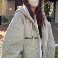 外套連帽運動衫女加絨春秋款拉鍊開衫灰美式加厚秋冬季oversize上衣