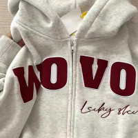 美式復古米灰色潮牌字母連帽運動衫女春秋寬鬆慵懶風百搭開衫外套潮