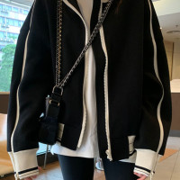 黑色運動夾克外套女秋冬季加厚拉鍊立領棒球服美式復古hiphop上衣