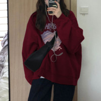 美式復古酒紅色衛衣女2023新款爆款秋季oversize今年流行漂亮上衣