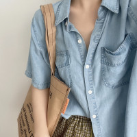 木品雙口袋天絲牛仔襯衫女短袖2022夏季新款百搭垂感上衣寬鬆襯衫