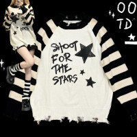 Ruibbit原創星星字母毛衣條紋印花y2k亞文化長袖女破洞圓領黑白色
