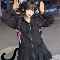 長袖厚棉T/幻影黑貓 貓耳開襟衛衣 蛋糕下擺莓派派原創