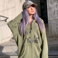 VintageTang美式復古古著灰綠色印花連帽運動衫拉鍊外套女ins潮禧伍