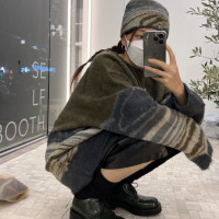 Unique SEI 復古百搭街頭個性抽象圖案拼色圓領寬鬆休閒套頭毛衣