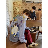 Unique SEI 簡約韓版男女同款寬鬆個性休閒做舊塗鴉彩長袖繪襯衫