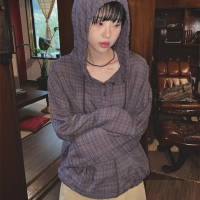 Unique SEI 復古個性做舊格紋百搭薄款連帽休閒顯瘦長袖襯衫上衣