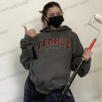 VintageTang美式復古灰棕色寬鬆連帽字母厚棉T女潮牌帽衫吉叄