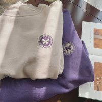 春秋新款oversize圓領厚棉T女薄款2023年寬鬆休閒蝴蝶刺繡上衣服潮