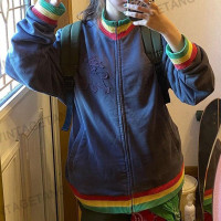VintageTang美式復古藏青色拼接立領運動衫拉鍊外套女ins開衫禧叄D