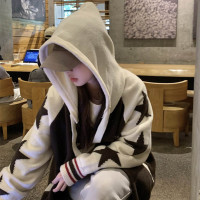 連帽針織衫開衫毛衣女秋冬慵懶風復古撞色拼接設計感小眾寬鬆外套