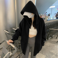 衛衣女開衫外套拉鍊連帽寬鬆長袖黑色大尺碼2023新款春秋薄款潮ins