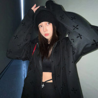 SMFKGarden黑暗花園開衫植絨十字花滿印運動休閒上衣黑色連帽運動衫