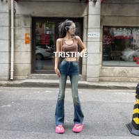 Tristine2022秋季新款磨白顯瘦微彈拖地褲子女美式高腰微喇牛仔褲