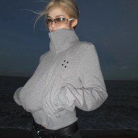 復古小眾灰色立領運動雙拉鍊衛衣女秋冬新款寬鬆百搭休閒短款外套