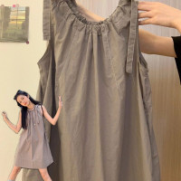 法式吊帶裙子女夏季小個子背心裙繫帶a字灰色無袖掛頸超火洋裝