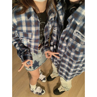 素素本SU美式復古情侶格子襯衫長袖潮牌高街寬鬆一長一短男女外套