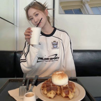 韓國badblood春夏新款美式復古薄款圓領翻領絲絨長袖厚棉TT恤球衣