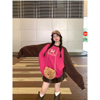 三三家 上衣撞色插肩袖衛衣新款小眾皮質百褶裙秋季套裝女設計感