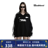 韓國BadBlood衛衣女字母刺繡Polo領圓領套頭寬鬆休閒復古長袖上衣
