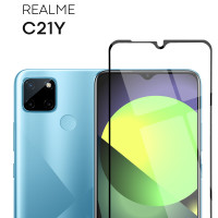 Защитное стекло BROSCORP для Realme C21Y (Реалми С21У, Рилми Ц21У) с олеофобным покрытием и силиконовой клеевой основой, не мешает датчикам и камере, прозрачное с черной рамкой