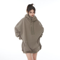 H GANG X設計感高領連帽運動衫女高級感秋冬加絨寬鬆情侶半拉鍊帽衫