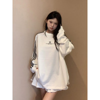 美式潮牌長袖厚棉T女秋季新款三條槓撞色T恤寬鬆圓領情侶運動上衣