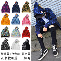 日系潮牌鯊魚外套迷彩夜光刺繡開衫連帽運動衫寬鬆拼接帽衫男女學生