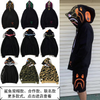 ins鯊魚雙帽外套連帽運動衫迷彩開衫寬鬆情侶男女學生潮牌夜光猿人