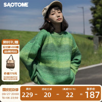 早乙女惠子saotome 日系潮牌綠色漸層套頭毛衣寬鬆情侶外穿上衣