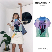 Bean Soup/豆湯 彩色塗鴉褶皺辣妹上衣女夏季多巴胺氛圍感顯瘦T恤