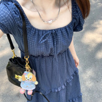 顯白韓版設計感方領泡泡袖洋裝女休閒寬鬆通勤顯瘦短袖a字長裙