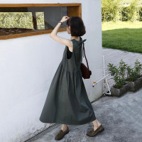 鹽系穿搭輕熟無袖背心洋裝女夏季法式寬鬆褶皺繫帶蝴蝶結長裙子