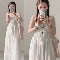 海邊度假白色連衣裙2023新款女小清新夏裝小個子抱嬰袋裙疊穿小吊帶