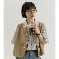 奶系套裝2023年夏季新款森系復古條紋襯衫+日系元氣馬甲兩件套女