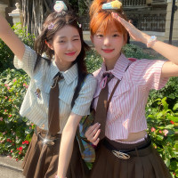 MEIM檸檬學院風豎條紋小清新襯衫上衣夏季日系甜美領帶短款上衣潮