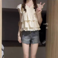 法式小眾設計感1/4吋套筒扳手袖襯衫別致絕美荷葉邊小個子娃娃衫上衣女夏季