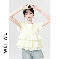 杏色荷葉邊1/4吋套筒扳手飛袖娃娃衫女夏2023新款蛋糕設計感小眾襯衫短上衣