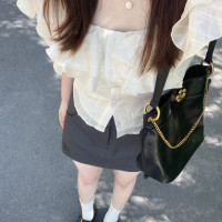 杏色法式短袖襯衫女2023新款夏季顯瘦荷葉邊一字肩上衣設計感小眾