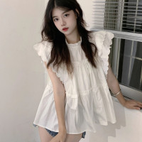 甜美荷葉邊法式白色襯衫女休閒設計感荷葉袖襯衫寬鬆小眾上衣夏季