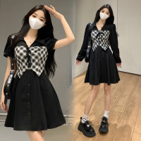 大尺碼胖mm夏季高腰格子翻領洋裝女韓版時尚學院風減齡a字短裙子