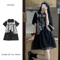 黑色法式復古格子娃娃領洋裝女夏季2023蝴蝶結網紗拼接短款裙子