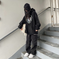 Takeoff咖哩人秋冬連帽鐳射愛心衛衣厚加絨寬鬆潮情侶學生百搭