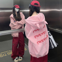 nVyK連帽運動衫女秋冬季美式復古寬鬆休閒麂皮絨牛角拉鍊外套ins潮