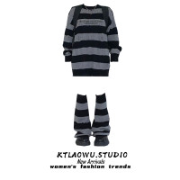 y2k甜辣妹慵懶風設計感小眾寬鬆麻花條紋針織衫復古腿套毛衣女冬